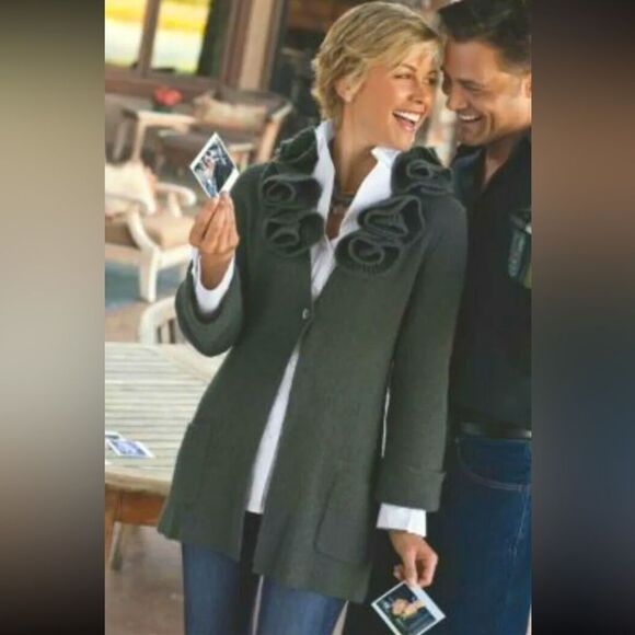 Soft Surroundings Ruffled Neck Cardigan Green "La Vie En Rose" Alpaca Wool Blend - Picture 3 of 5